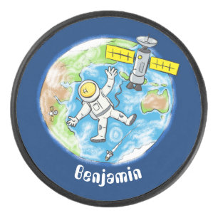 Sonnenastronaut im Weltraum und Cartoon der Erde Eishockey Puck