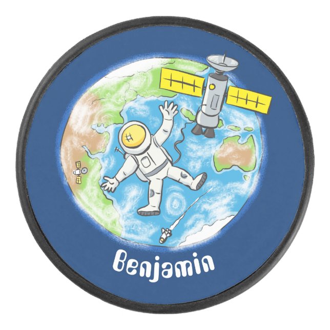 Sonnenastronaut im Weltraum und Cartoon der Erde Eishockey Puck (Vorderseite)