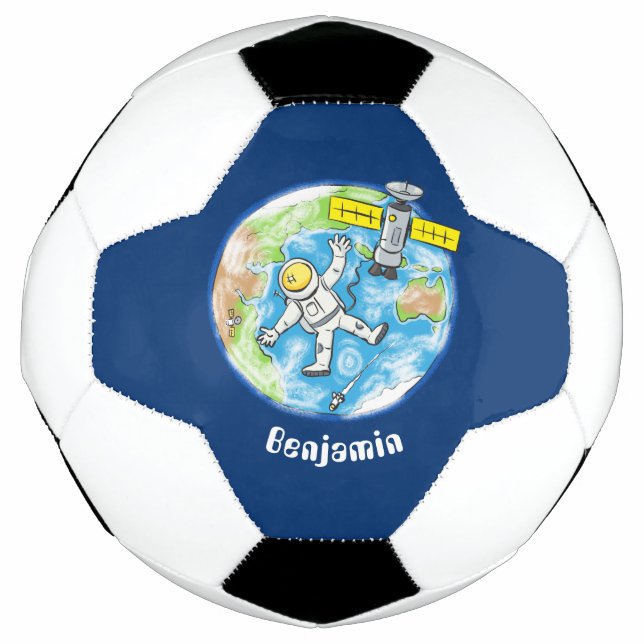 Sonnenastronaut im Weltraum und Cartoon der Erde Fußball (Vorderseite)
