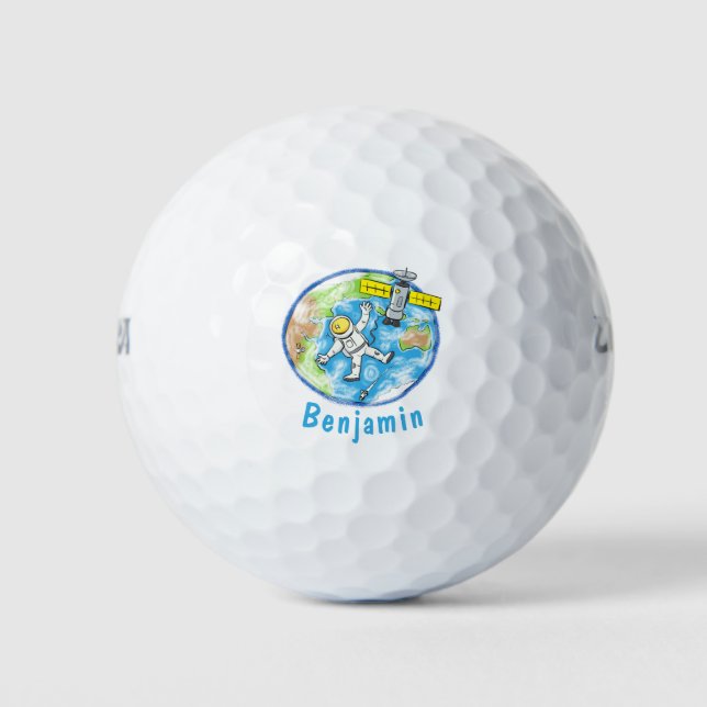 Sonnenastronaut im Weltraum und Cartoon der Erde Golfball (Vorderseite)
