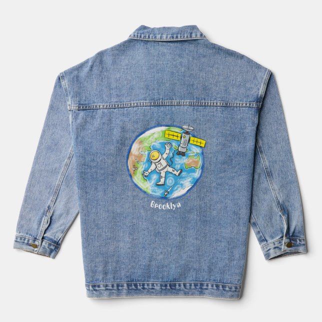 Sonnenastronaut im Weltraum und Cartoon der Erde Jeansjacke (Rückseite)