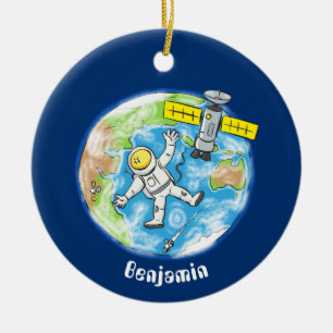 Sonnenastronaut im Weltraum und Cartoon der Erde Keramik Ornament