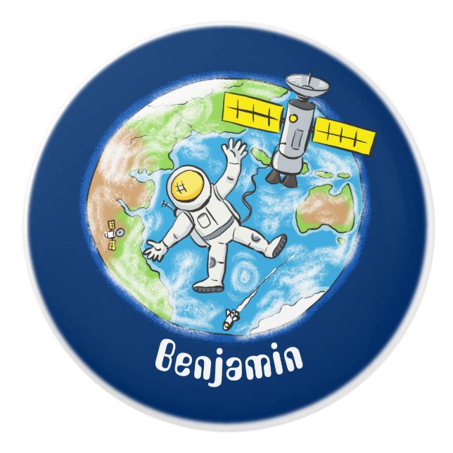 Sonnenastronaut im Weltraum und Cartoon der Erde Keramikknauf (Vorderseite)