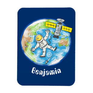 Sonnenastronaut im Weltraum und Cartoon der Erde Magnet