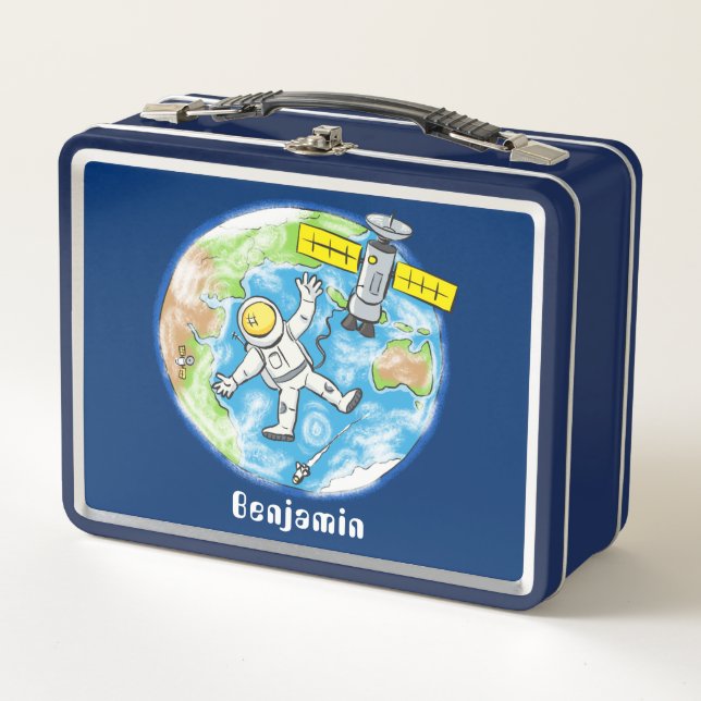 Sonnenastronaut im Weltraum und Cartoon der Erde Metall Brotdose (Vorderseite)