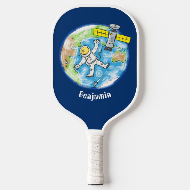 Sonnenastronaut im Weltraum und Cartoon der Erde Pickleball Schläger (Vorderseite)