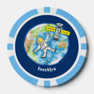 Sonnenastronaut im Weltraum und Cartoon der Erde Pokerchips
