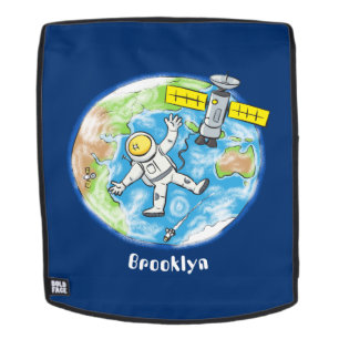 Sonnenastronaut im Weltraum und Cartoon der Erde Rucksack
