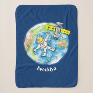 Sonnenastronaut im Weltraum und Cartoon der Erde Sherpadecke