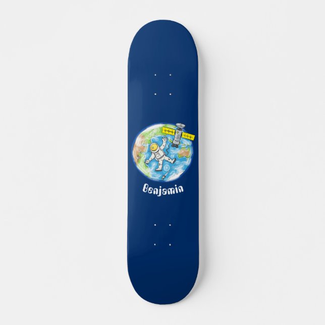 Sonnenastronaut im Weltraum und Cartoon der Erde Skateboard (Vorne)