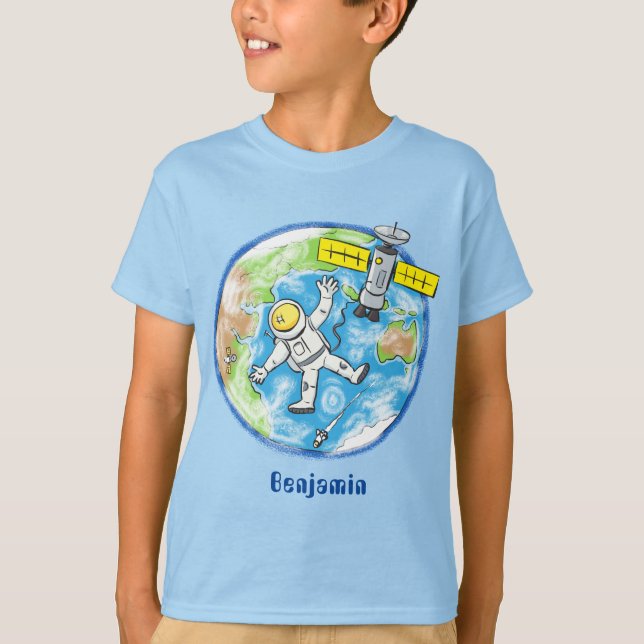Sonnenastronaut im Weltraum und Cartoon der Erde T-Shirt (Vorderseite)