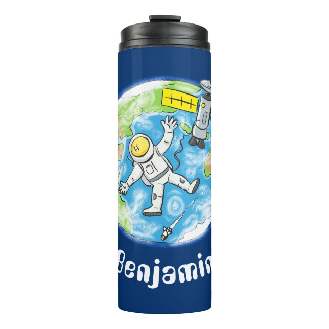 Sonnenastronaut im Weltraum und Cartoon der Erde Thermosbecher (Vorderseite)