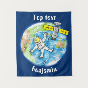Sonnenastronaut im Weltraum und Cartoon der Erde Wandteppich