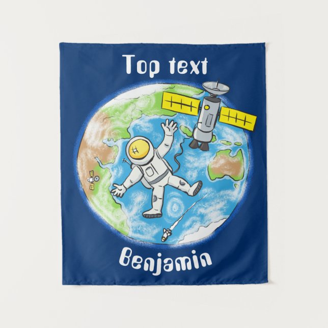 Sonnenastronaut im Weltraum und Cartoon der Erde Wandteppich (Vorderseite)