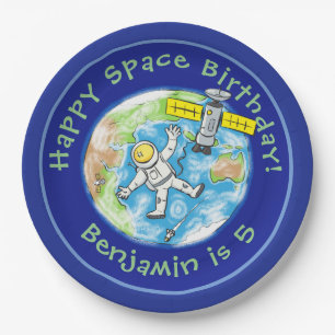 Sonnenastronaut mit Satellit über Cartoon Pappteller