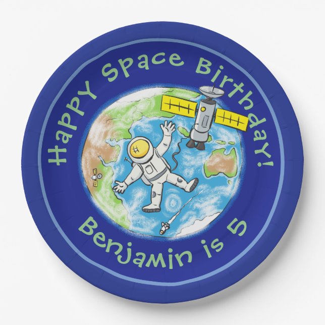 Sonnenastronaut mit Satellit über Cartoon Pappteller (Vorderseite)