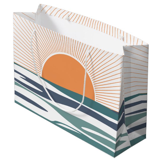 Sonnenaufgang am Meer Große Geschenktüte (Rückseite Schrägansicht)