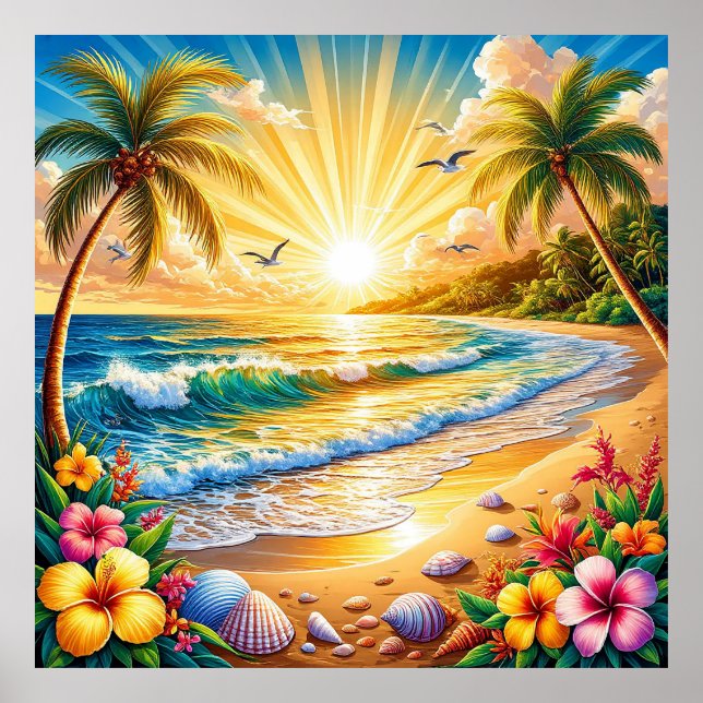 Sonnenaufgang am tropischen Strand mit Palmen, Wel Poster (Vorne)