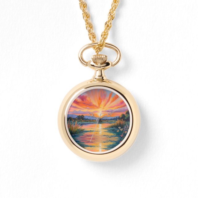 Sonnenaufgang an der Wasserfarbe des Teiches Armbanduhr (Vorderseite)