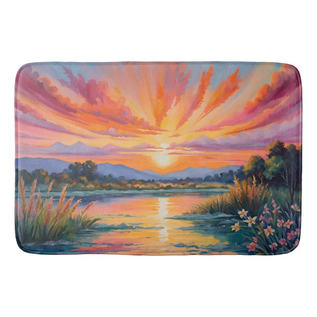 Sonnenaufgang an der Wasserfarbe des Teiches Badematte (Vorderseite)