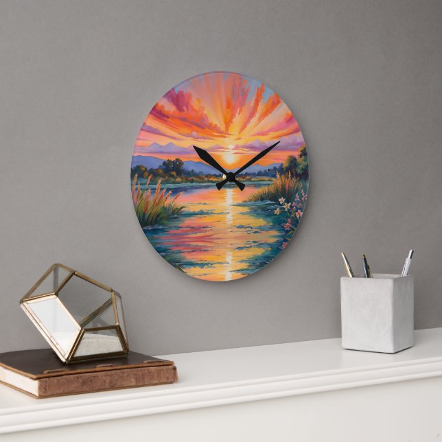 Sonnenaufgang an der Wasserfarbe des Teiches Große Wanduhr (Büro)