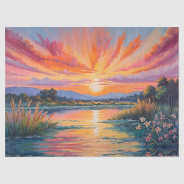 Sonnenaufgang an der Wasserfarbe des Teiches Seidenpapier (Vorderseite)