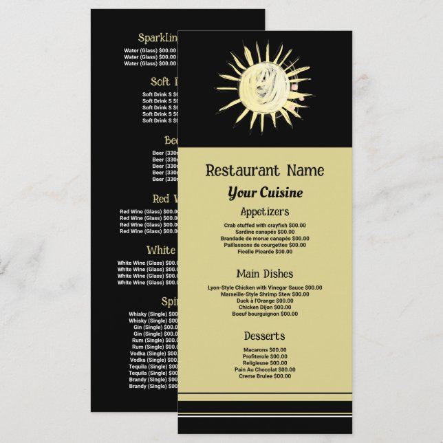Sonnenaufgang gestrichen, Restaurant Slimline Menükarte (Vorne/Hinten)