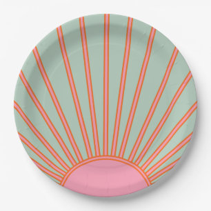 Sonnenaufgang Grün und Rosa Abstrakt Retro-Sonnen Pappteller