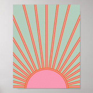 Sonnenaufgang Grün und Rosa Abstrakt Retro-Sonnens Poster