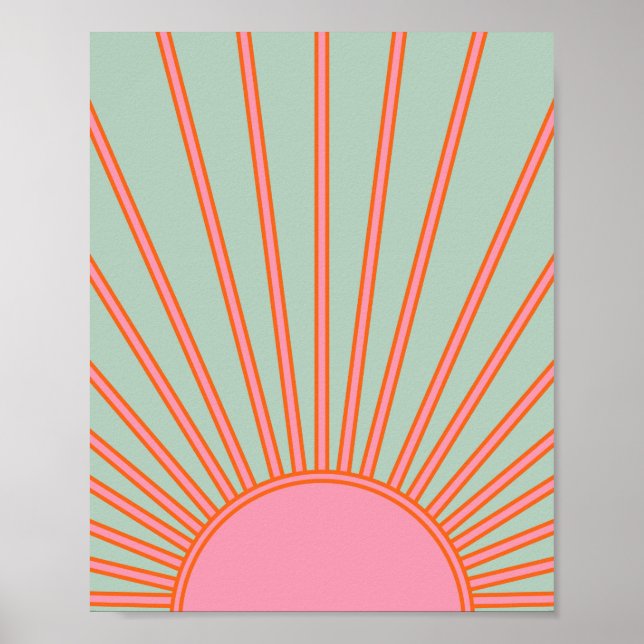Sonnenaufgang Grün und Rosa Abstrakt Retro-Sonnens Poster (Vorne)