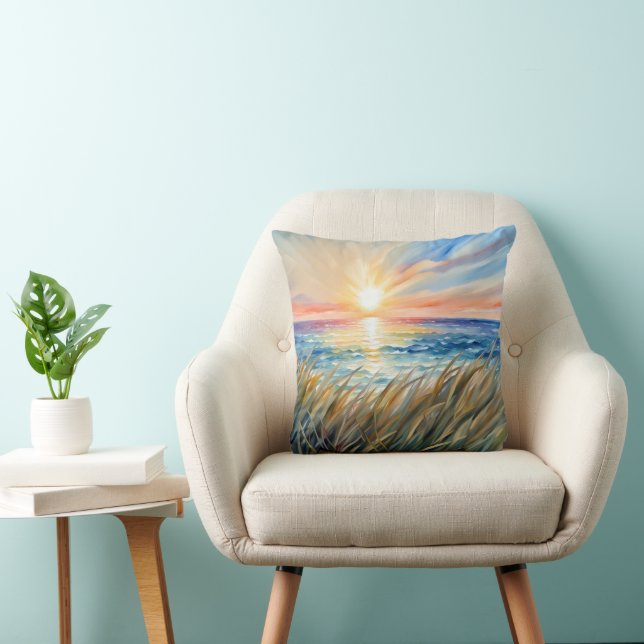 Sonnenaufgang in Aquarell mit Strandrasen Kissen (Stuhl )