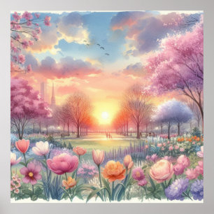 Sonnenaufgang in einem Park mit Blume pastellfarbe Poster
