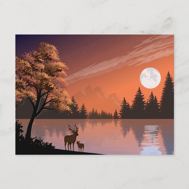 Sonnenaufgang Landschaft mit See und Deers-51207 Ankündigungspostkarte (Vorderseite)