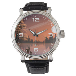 Sonnenaufgang Landschaft mit See und Deers-51207 Armbanduhr