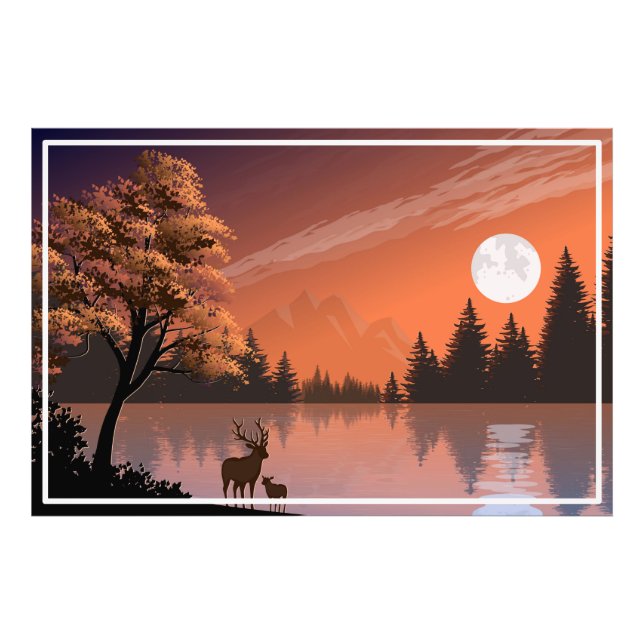 Sonnenaufgang Landschaft mit See und Deers-51207 Fotodruck (Vorne)