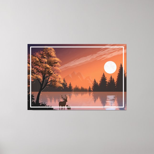 Sonnenaufgang Landschaft mit See und Deers-51207 Leinwanddruck (Vorderseite)
