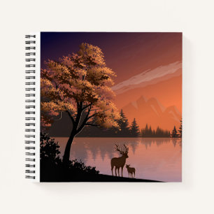 Sonnenaufgang Landschaft mit See und Deers-51207 Notizbuch