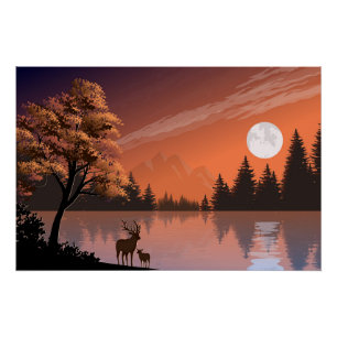 Sonnenaufgang Landschaft mit See und Deers-51207 Poster