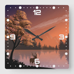 Sonnenaufgang Landschaft mit See und Deers-51207 Quadratische Wanduhr