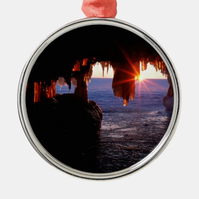Sonnenaufgang-Meer höhlt Apostel-Inseln Wisconsin Silbernes Ornament (Vorne)