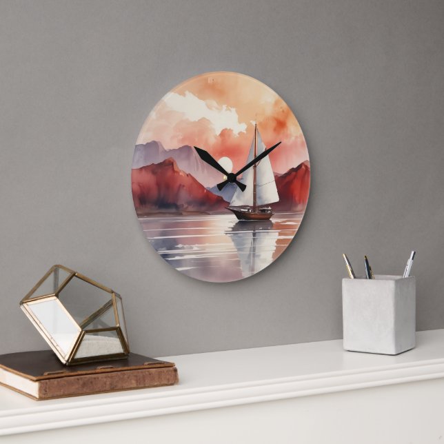 Sonnenaufgang mit Yacht Große Wanduhr (Büro)
