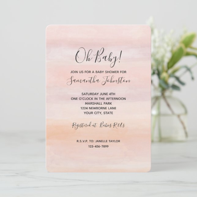 Sonnenaufgang Pfirsichrot Pink Baby Dusche Einladung (Stehend Vorderseite)