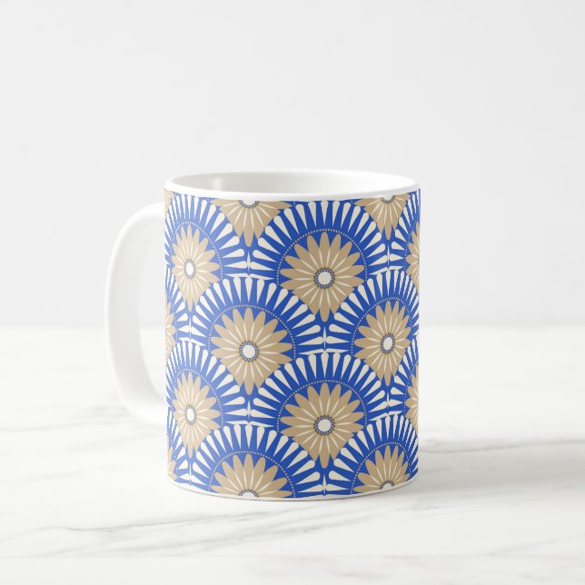 Sonnenaufgang Retro-Blume - blau, weiß und braun Kaffeetasse (Vorderseite Links)