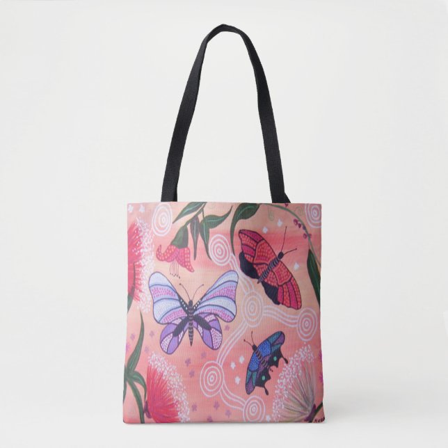 Sonnenaufgang Schmetterlinge Aborigine-Kunst Tasche (Vorderseite)