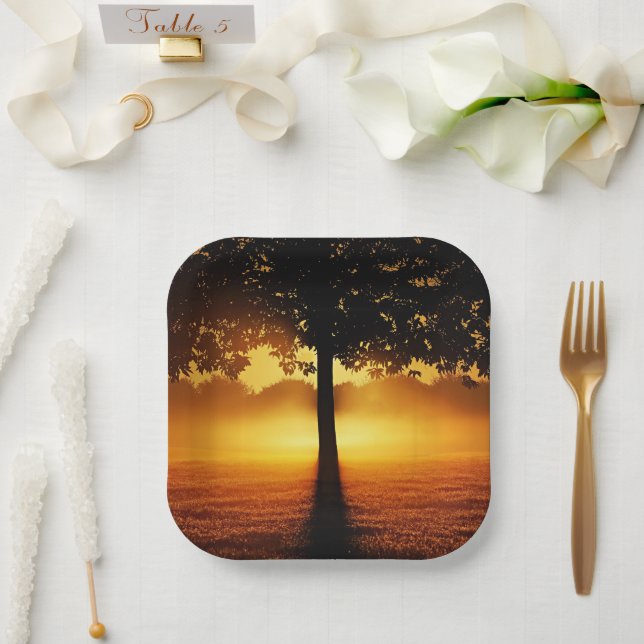 Sonnenaufgang, Silhouette der Bäume, Pappteller (Hochzeit)