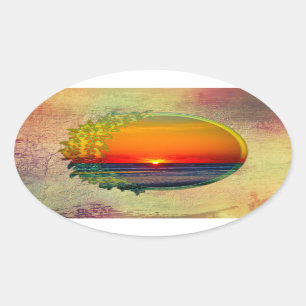 Sonnenaufgang über atlantischem Oval mit Blume Ovaler Aufkleber