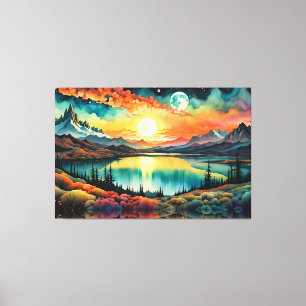 Sonnenaufgang über dem Bergsee als Sets des Mondes Leinwanddruck