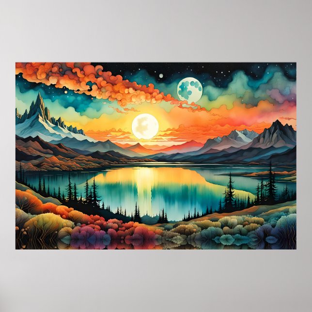 Sonnenaufgang über dem Bergsee als Sets des Mondes Poster (Vorne)