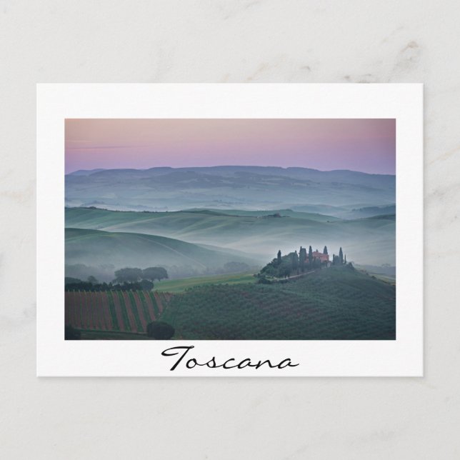 Sonnenaufgang über der Landschaft der Toskana, wei Postkarte (Vorderseite)