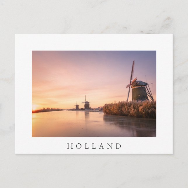 Sonnenaufgang über gefrorenem Fluss mit Windmühlen Postkarte (Vorderseite)